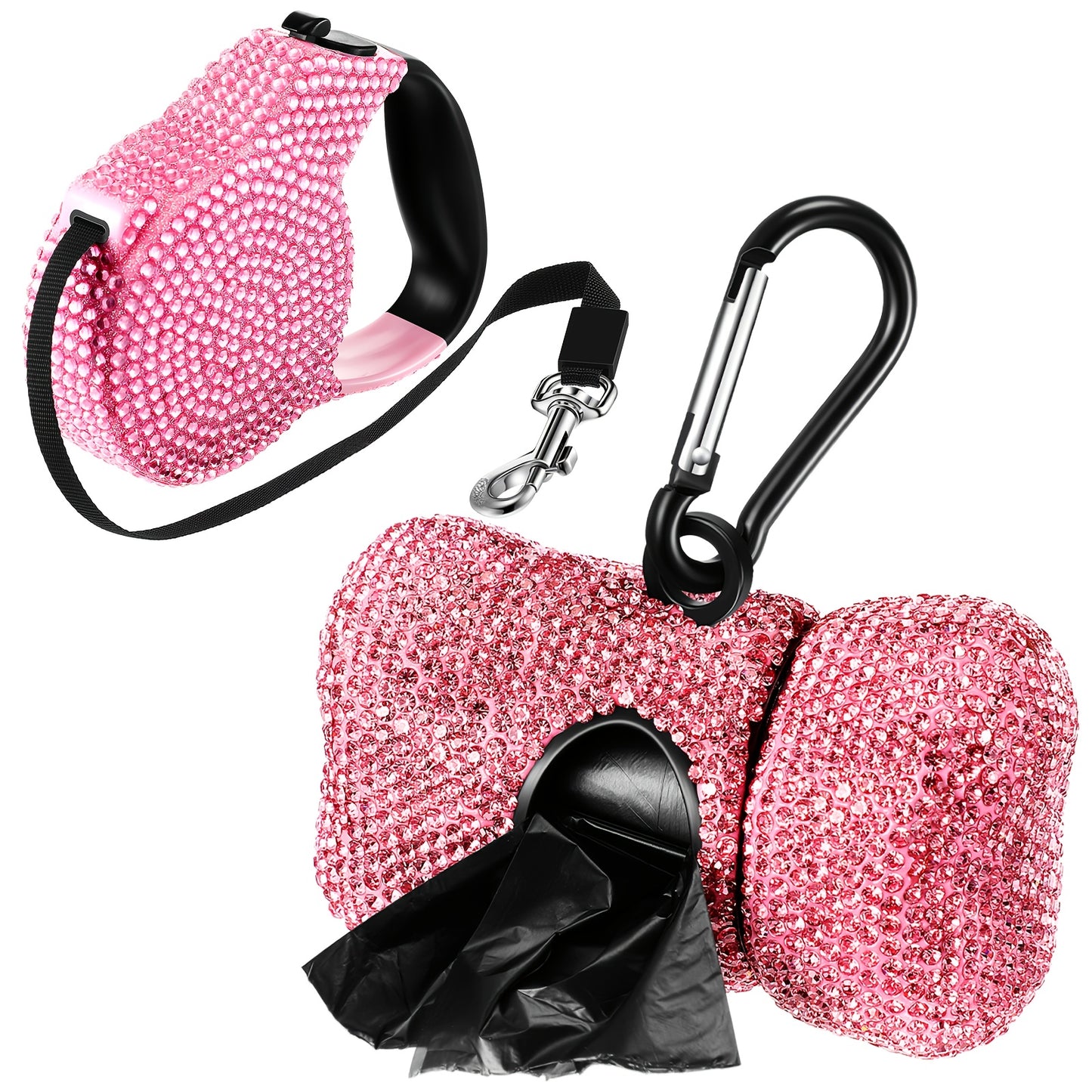 Retractable Dog Leash Set of 2 with Rhinestone Decoration, Pink Bone-Shaped Waste Bag Dispenser & Metal Clip, Bling Leash for Small Medium Dogs & Puppies, Stylish Pet Walking Accessory