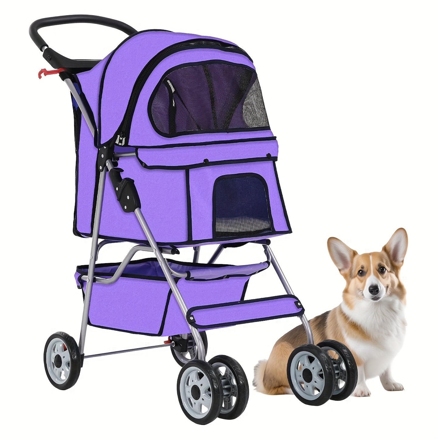 4-Wheel Pet Stroller with Cup Holder & Storage Basket | Portable Breathable Cat Dog Stroller, Smooth-Rolling Outdoor Pram for Small Medium Pets, Foldable Travel Jogger with Canopy, 5 Colors