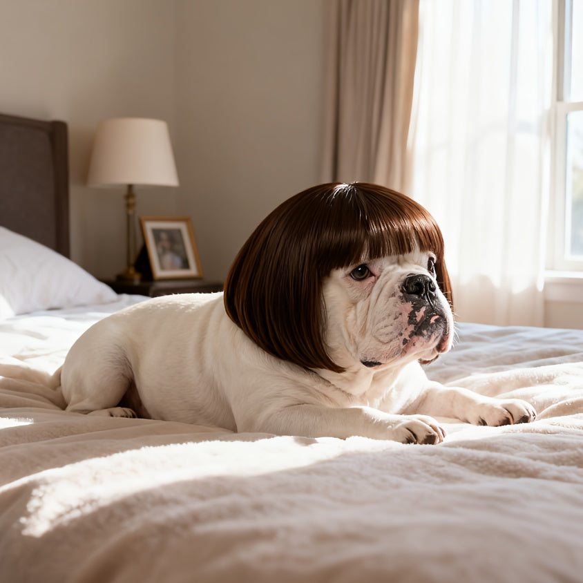 Dog Wig Costume for Small Medium Dogs, Funny Pet Hair Headpiece Adjustable Heat-Resistant Trimmable Black Brown Wig for Halloween Christmas Birthday Party Dress Up Photo Prop