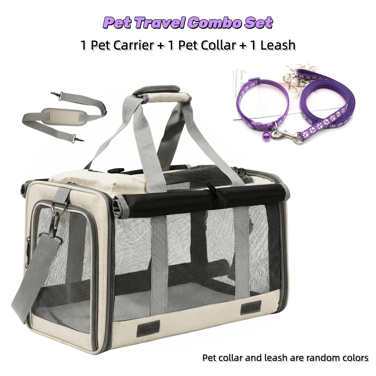 Airline Approved Pet Carrier Soft Sided Collapsible for Cats & Small Dogs - Breathable Oxford Cloth Travel Bag with Zipper Closure, Privacy Cover & Combo Set with Collar Leash Harness, Blue Pink Grey Green Beige