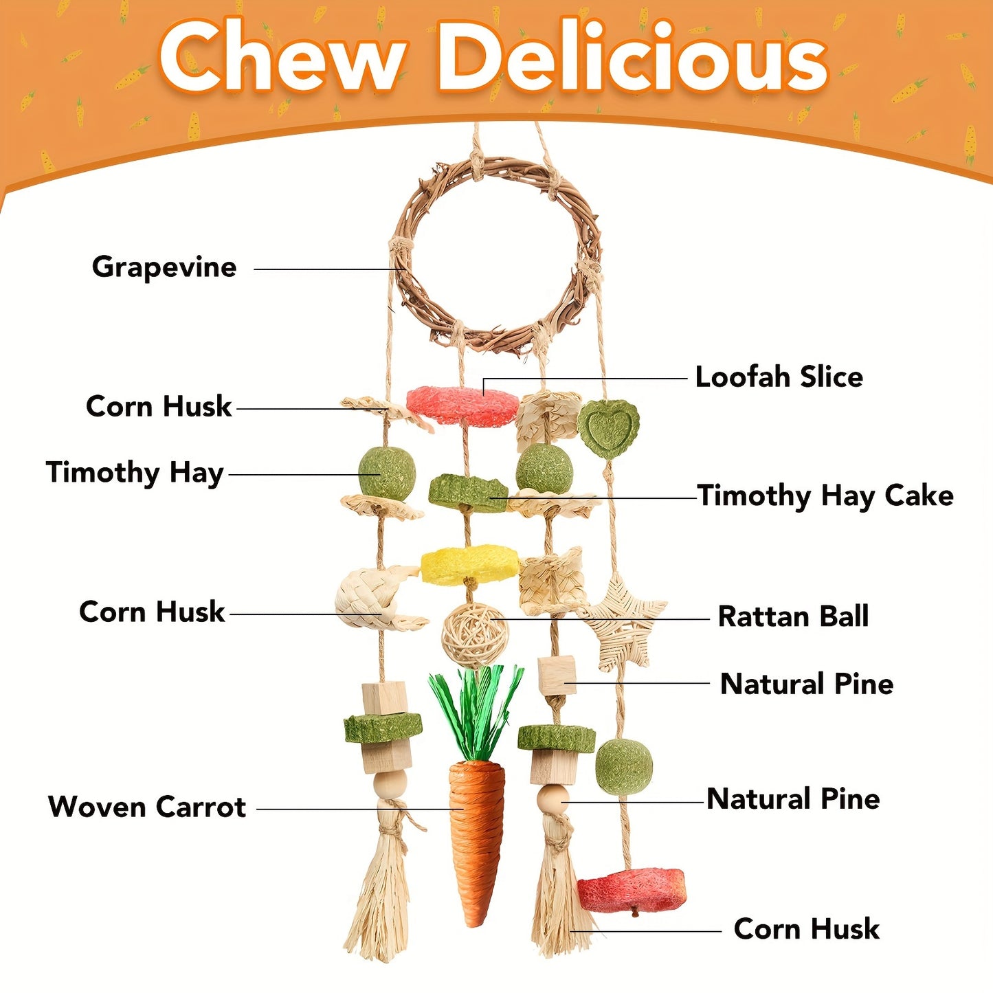 Small Animal Chew Toys 2 Pack - Rattan Ring Hanging Cage Toys with Natural Snacks for Rabbits Guinea Pigs Chinchillas Hamsters Rats - Teeth Grinding Enrichment Toy for Bunnies and Small Pets