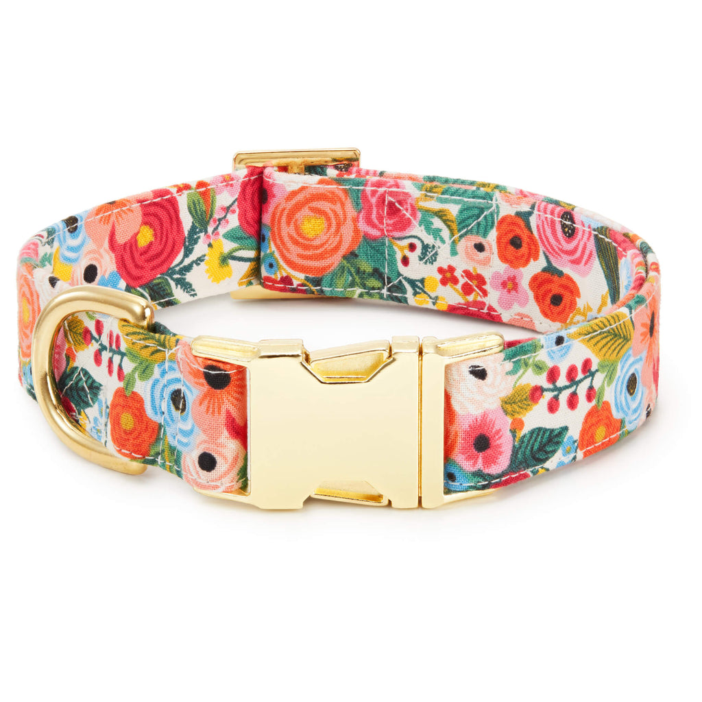 Garden Party Floral Cotton Dog Collar, Reinforced Webbing and Brass D-Ring in Four Adjustable Neck Sizes source image 1