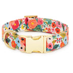 Garden Party Floral Cotton Dog Collar, Reinforced Webbing and Brass D-Ring in Four Adjustable Neck Sizes source image 1