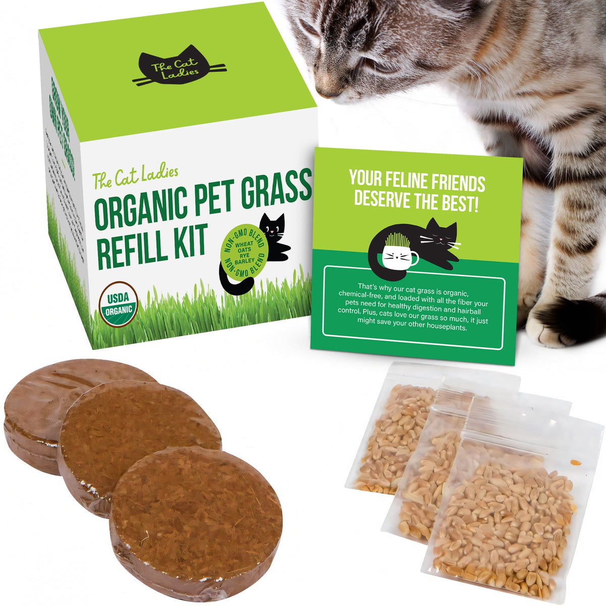 Organic Cat Grass Refill Kit, Three-Pack Wheat, Oat, Rye and Barley Seed Blend Growing in 5 to 7 Days source image 1