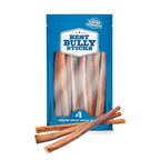 A blue resealable Best Bully Sticks bag contains several 12-Inch Jumbo Bully Sticks, with four sticks displayed in front—ideal for power chewers and great for supporting your dog's dental health.