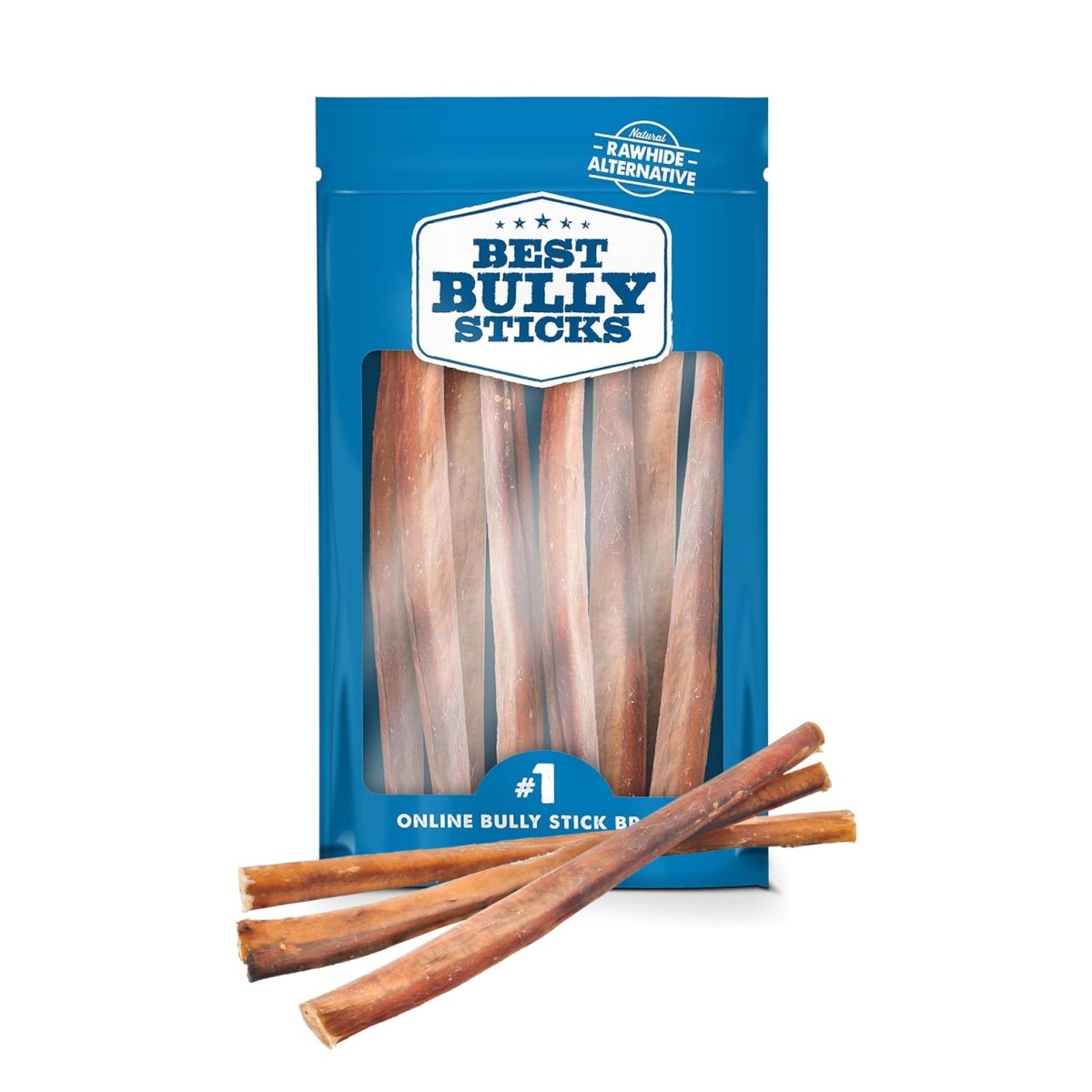 A blue resealable Best Bully Sticks bag contains several 12-Inch Jumbo Bully Sticks, with four sticks displayed in front—ideal for power chewers and great for supporting your dog's dental health.