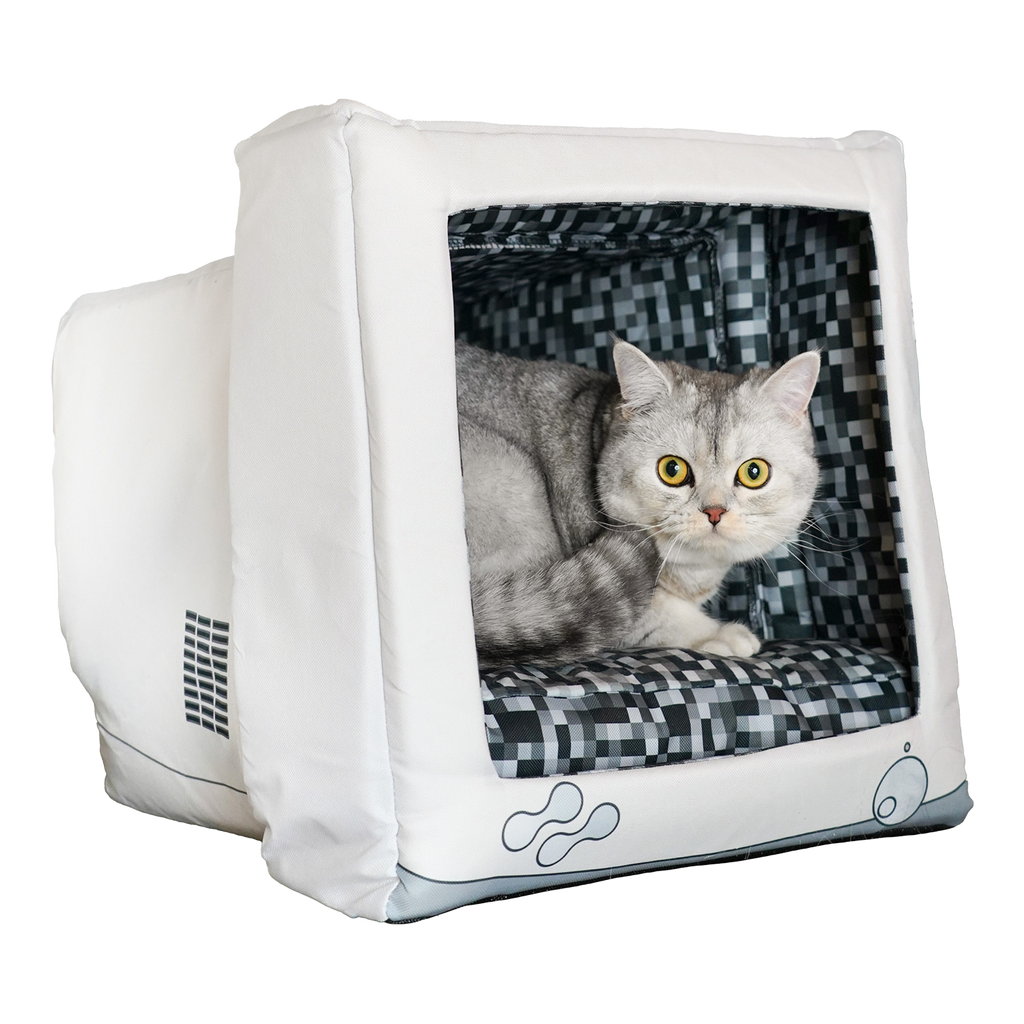 Retro Monitor Pet Cave Bed for Cats and Small Dogs, Dual-Texture Cushion and Washable Zipper Cover source image 1