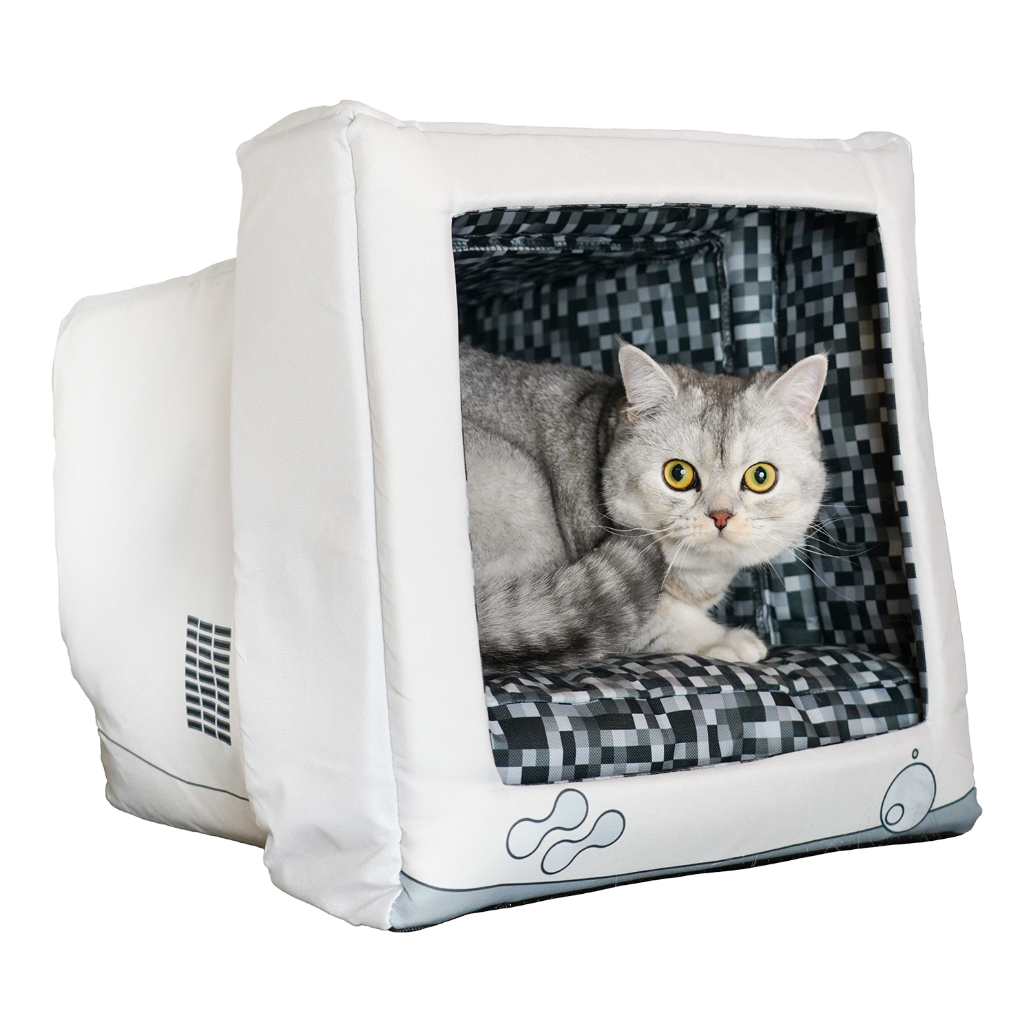 Retro Monitor Pet Cave Bed for Cats and Small Dogs, Dual-Texture Cushion and Washable Zipper Cover source image 1