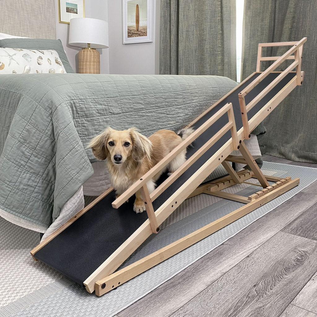 Adjustable Solid Maple Dog Ramp for Beds from 12 to 37 Inches High with Side Rails and Non-Slip Traction product image 1