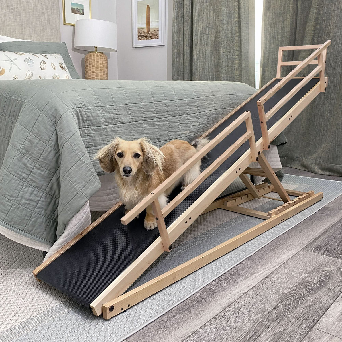 Adjustable Solid Maple Dog Ramp for Beds from 12 to 37 Inches High with Side Rails and Non-Slip Traction product image 1
