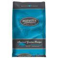 A bag of Muenster Ancient Grains Recipe dog food with ocean fish, featuring a blue and gray design with illustrations of grains.