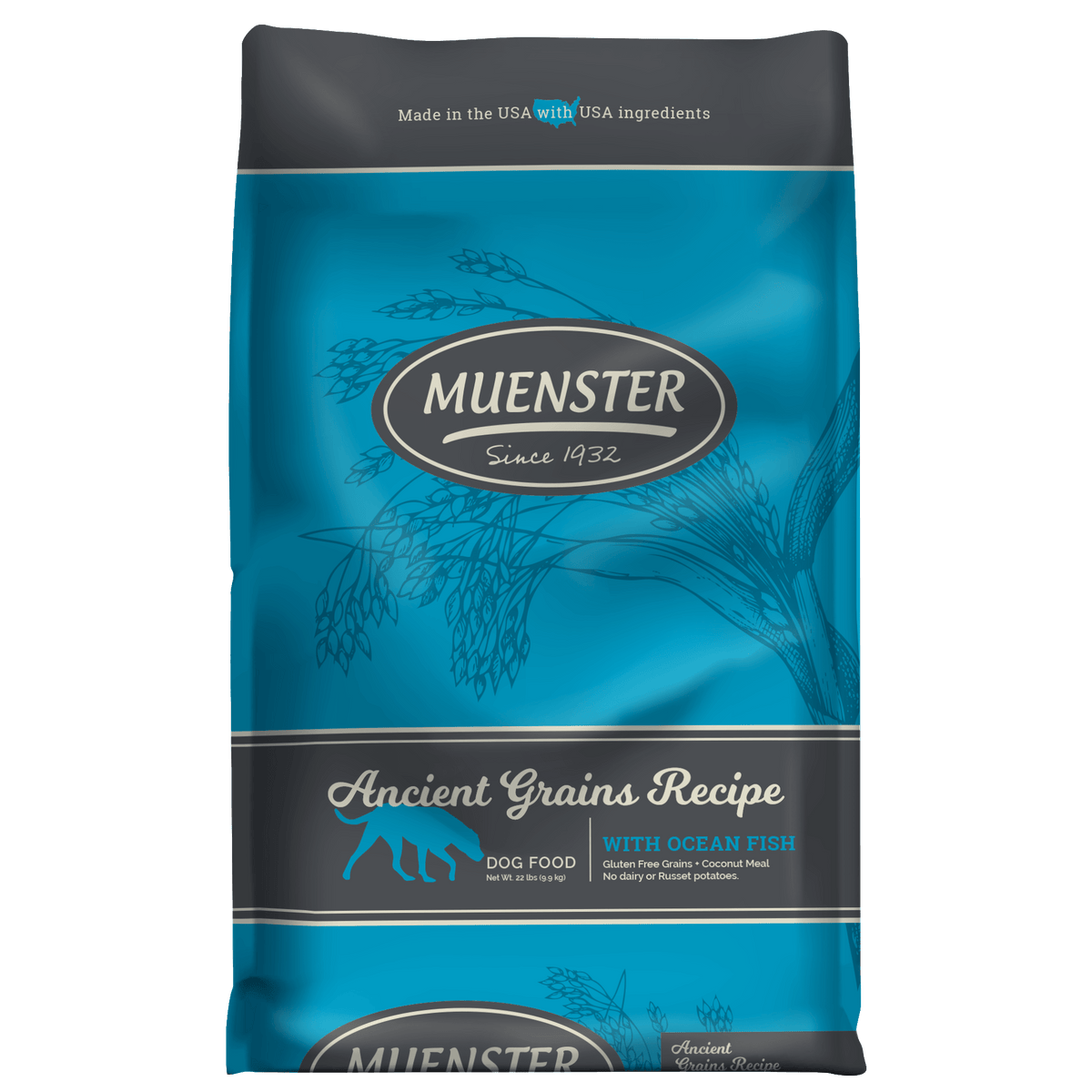 A bag of Muenster Ancient Grains Recipe dog food with ocean fish, featuring a blue and gray design with illustrations of grains.