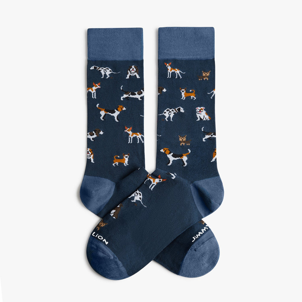 Dog Print Crew Socks in Dark Blue, Unisex Mid-Calf Casual Style Featuring Popular Breeds in Two Sizes source image 1