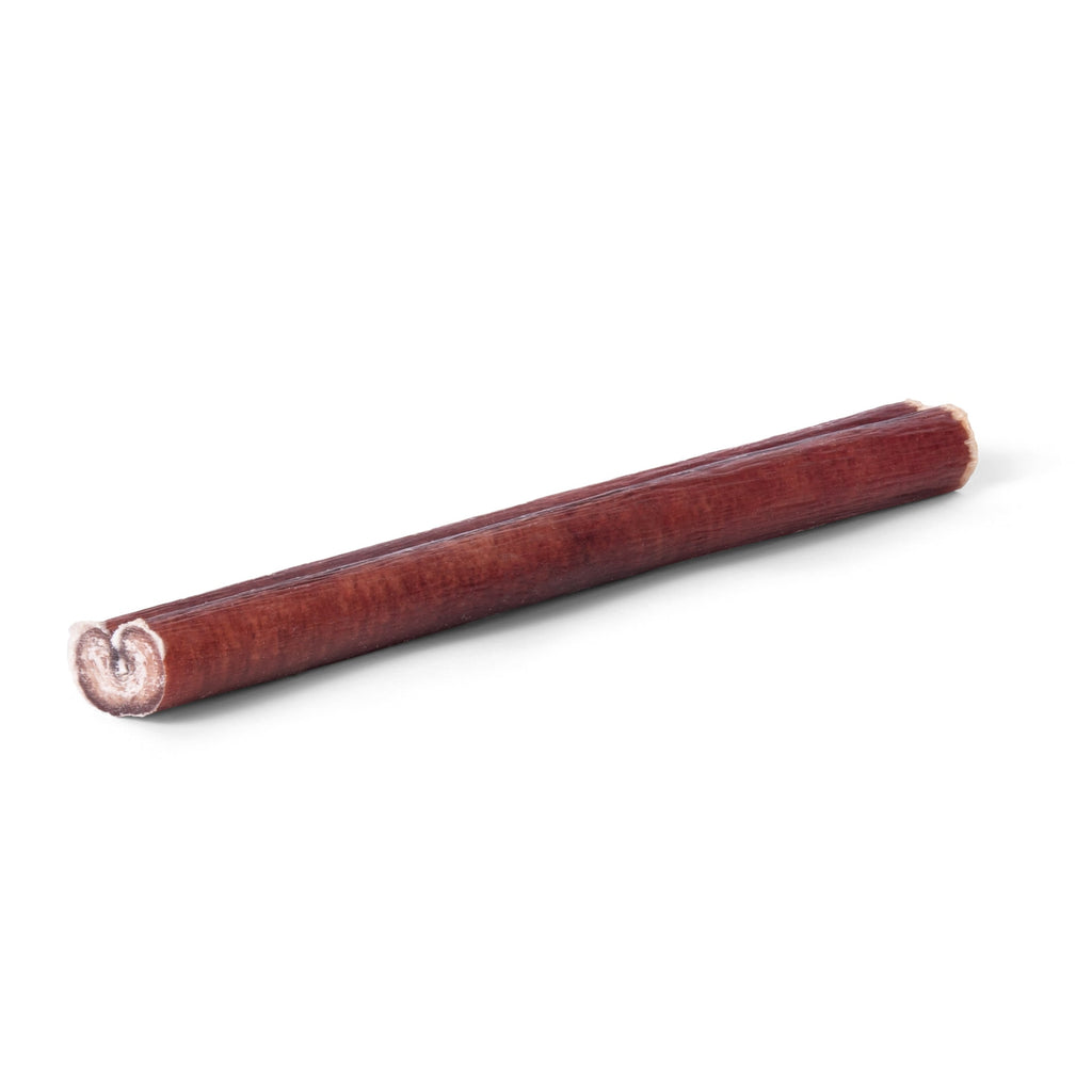 Angled view of 6-inch bully stick showing smooth baked brown exterior and rolled center on white background
