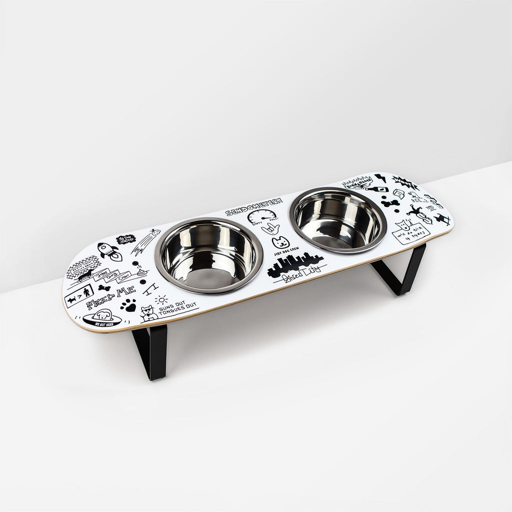 Elevated Double Dog Bowl Stand, Medium Skateboard-Deck Feeder with Two 4-Cup Stainless Steel Bowls source image 1