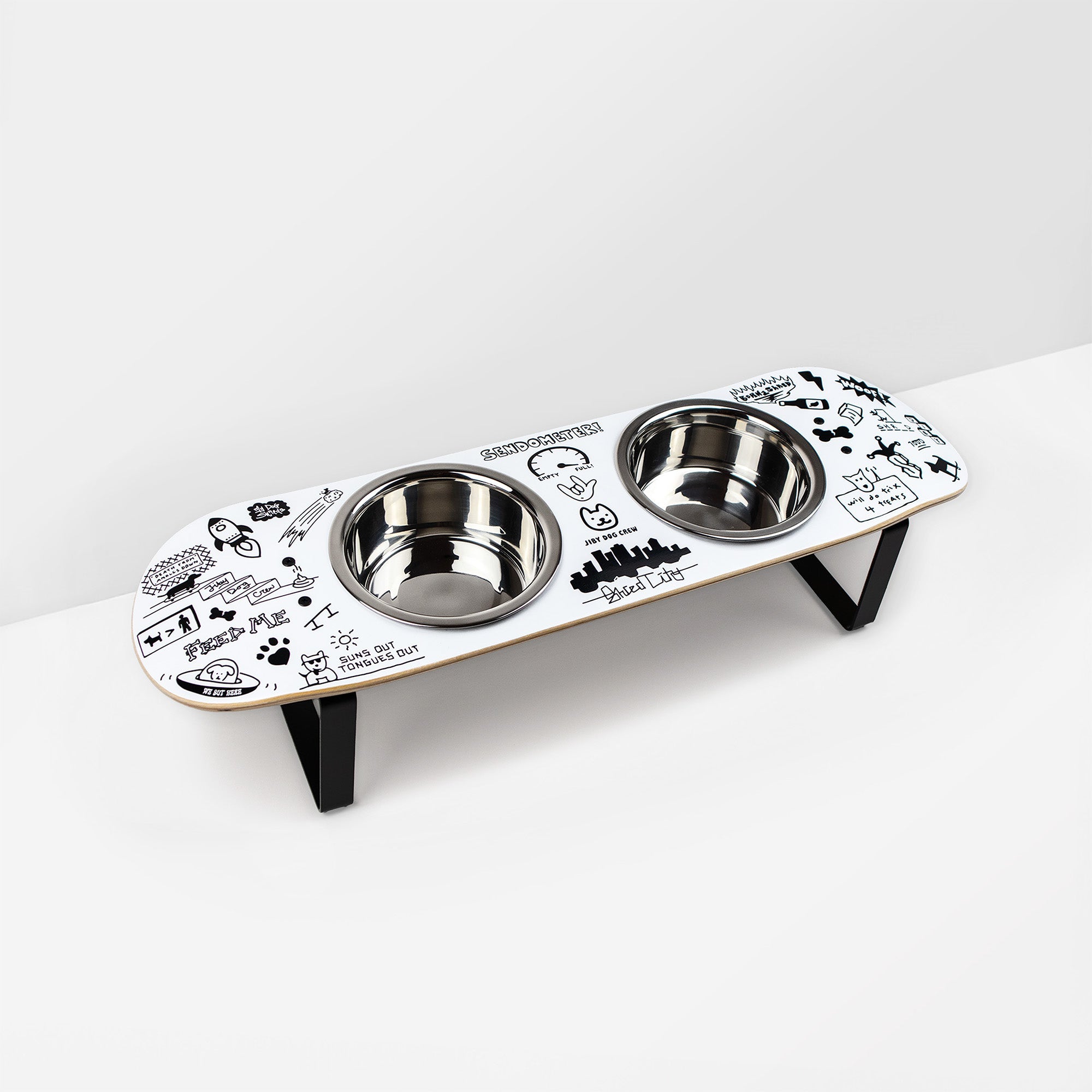Elevated Double Dog Bowl Stand, Medium Skateboard-Deck Feeder with Two 4-Cup Stainless Steel Bowls source image 1