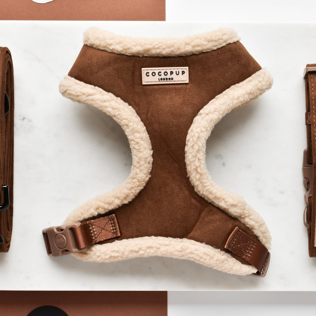 Adjustable Neck Dog Harness, Brown Faux Suede Walking Vest with Soft Fluffy Trim in XXS to Large Sizes source image 1