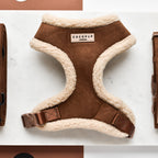 Adjustable Neck Dog Harness, Brown Faux Suede Walking Vest with Soft Fluffy Trim in XXS to Large Sizes source image 1