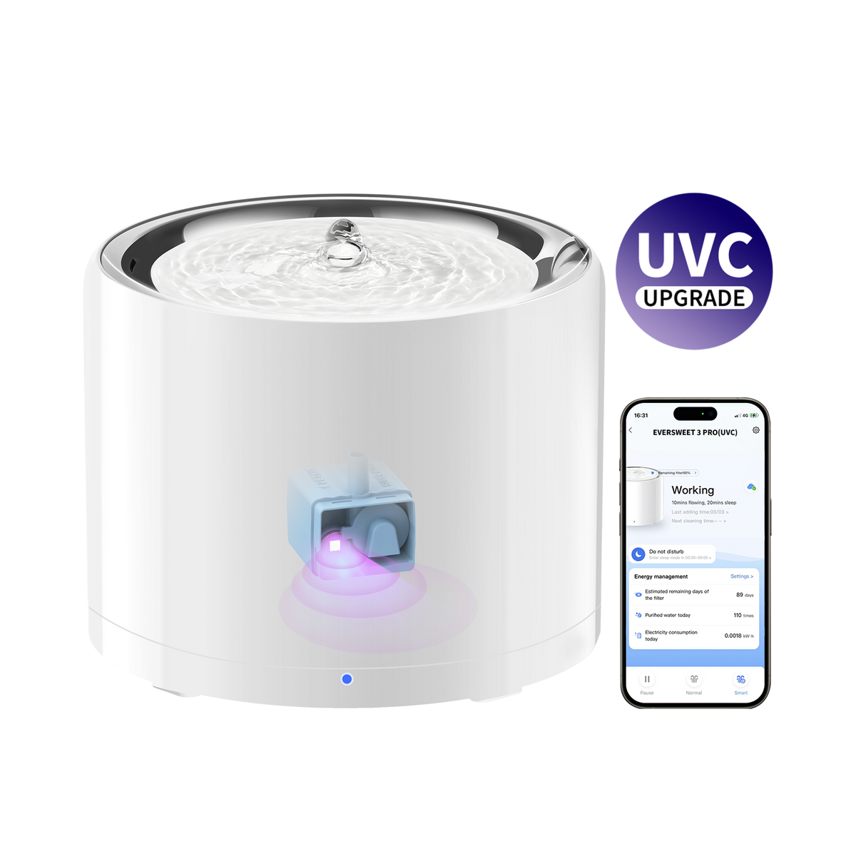 UVC Pet Water Fountain, Four-Stage Filter System Featuring a Wireless Pump and App-Connected Flow Modes source image 1