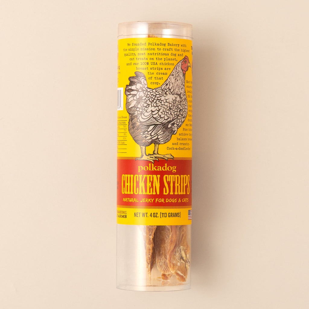Polkadog Chicken Strip Jerky dog treats packaging on a beige background