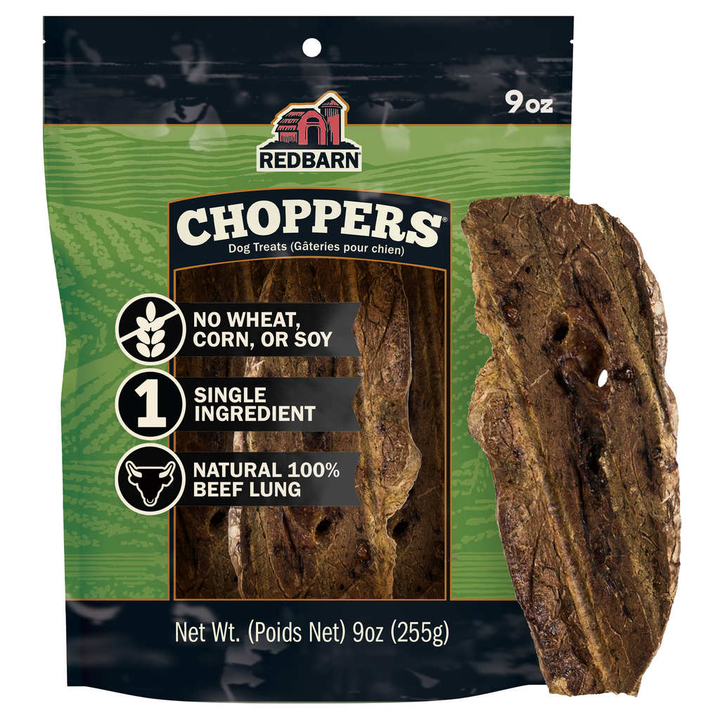 Best Single Ingredient Dog Treats. Redbarn Choppers dog treat package with a single ingredient treat on a white background. Natural 100% Beef Lung.