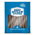 A blue package labeled "Best Bully Sticks Bully Snack Sticks Medium" shows several crunchy dog chews inside, with text reading "Rawhide Alternative" and "#1 Online Bully Stick Brand.