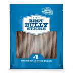 A blue package labeled "Best Bully Sticks Bully Snack Sticks Medium" shows several crunchy dog chews inside, with text reading "Rawhide Alternative" and "#1 Online Bully Stick Brand.