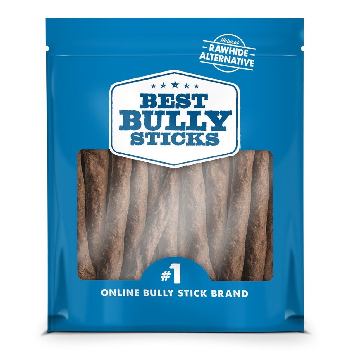 A blue package labeled "Best Bully Sticks Bully Snack Sticks Medium" shows several crunchy dog chews inside, with text reading "Rawhide Alternative" and "#1 Online Bully Stick Brand.