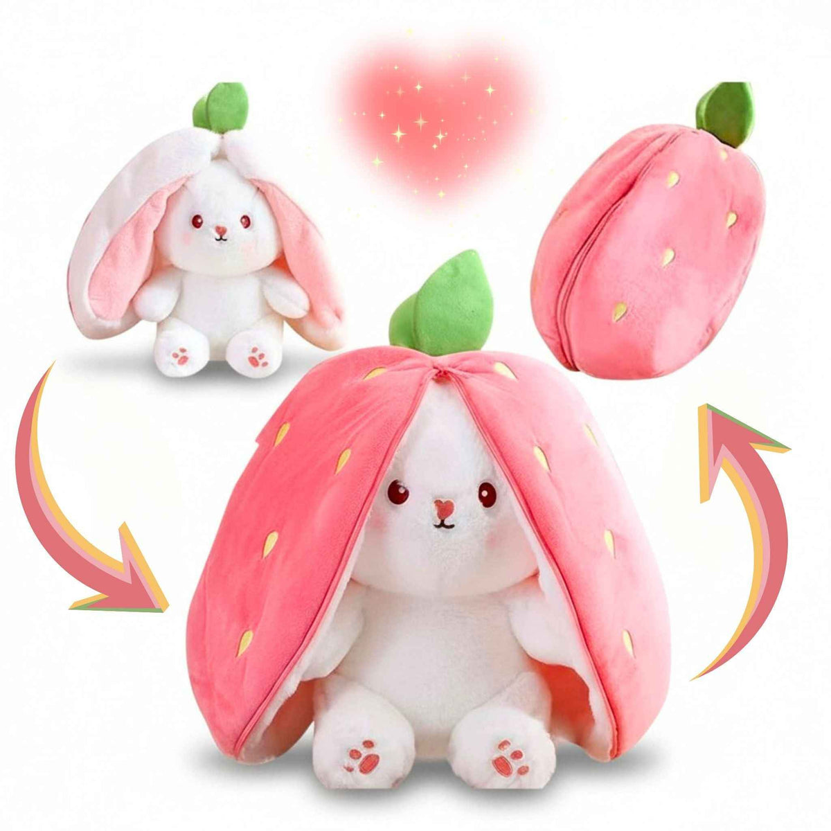 Reversible Bunny Plush Toy Transforming into Strawberry or Carrot Designs in Three Soft Sizes source image 1
