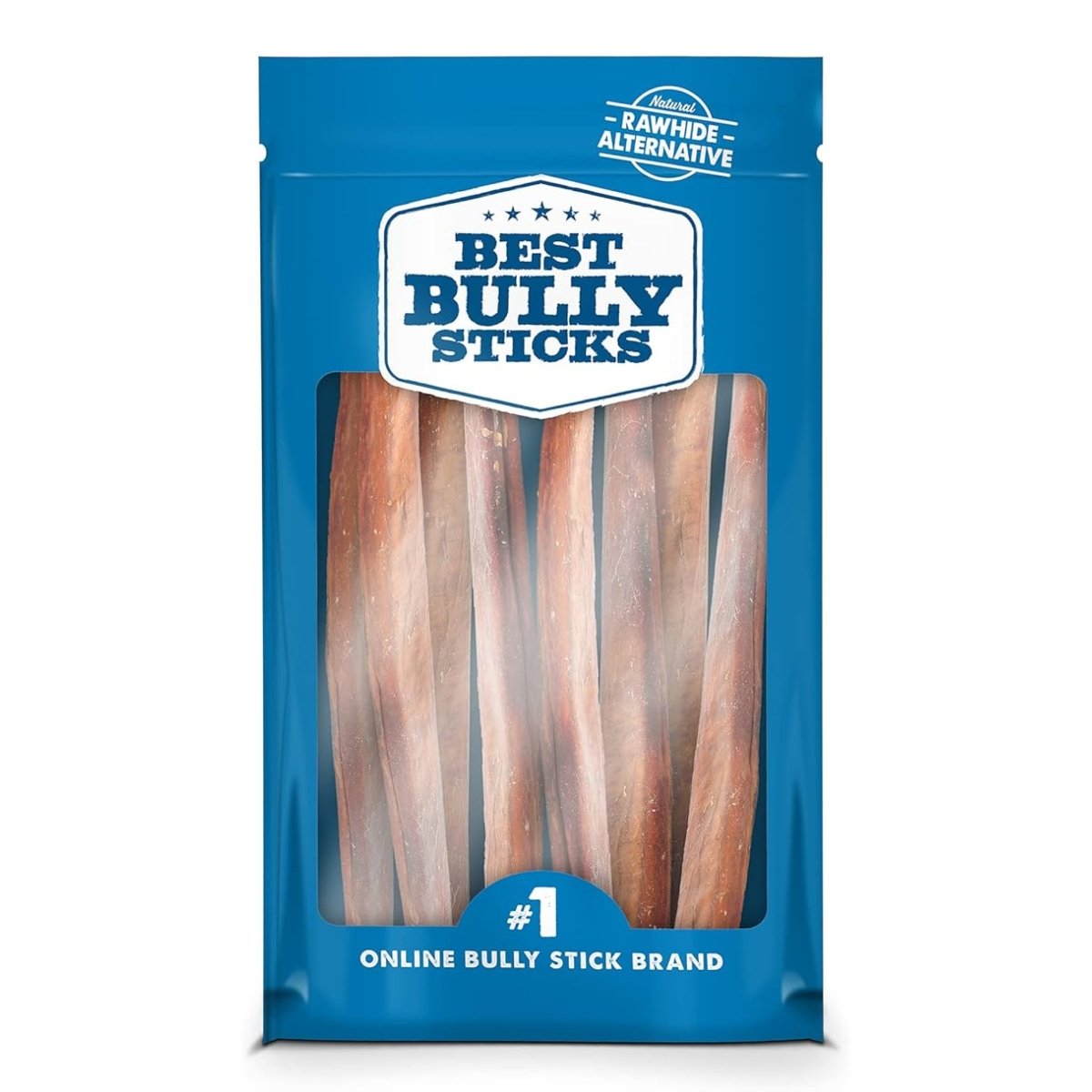A blue resealable Best Bully Sticks bag with several 12-Inch Jumbo Bully Sticks, ideal for power chewers as a rawhide alternative that supports dog dental health.