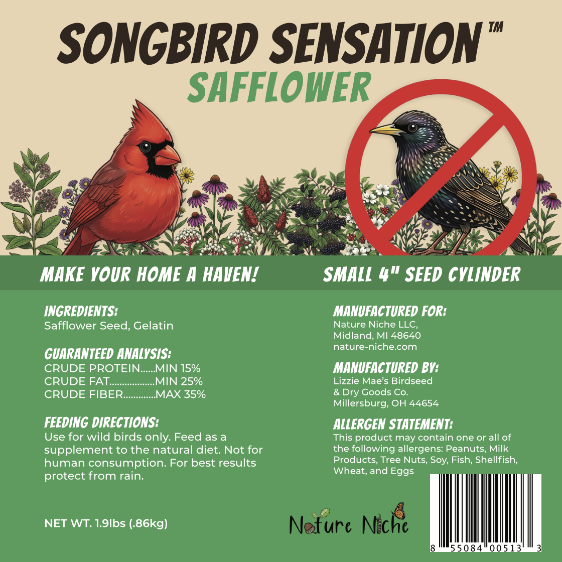 Safflower Seed Cylinder for Wild Birds, 1.9 lb Block with Hollow Center for Compatible Log Feeders source image 2
