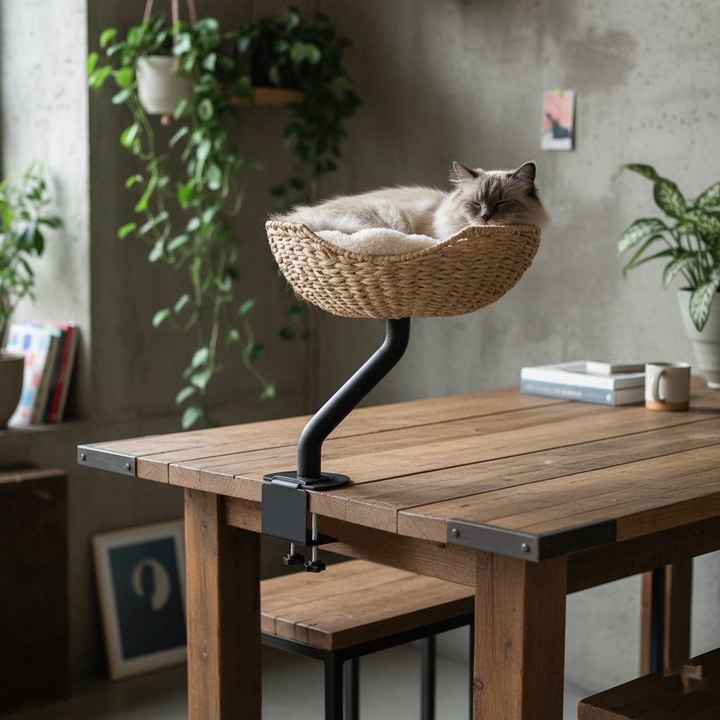 Rotating Desk-Mounted Cat Bed with Tool-Free Clamp, Handwoven or Birchwood Nest for Cats up to 45 lb source image 2