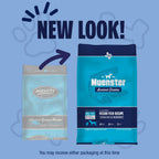 Muenster dog food packaging comparison graphic on a light blue background. The text 'NEW LOOK!' appears at the top with an arrow pointing from the old packaging on the left to the new packaging on the right.