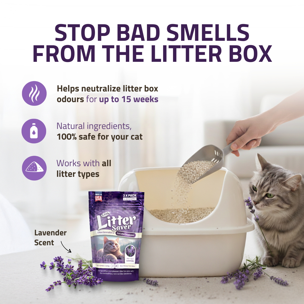 Cat Litter Box Deodorizer, Lavender Slow-Release Granules in a Three Pack for Up to 15 Weeks of Freshness source image 2