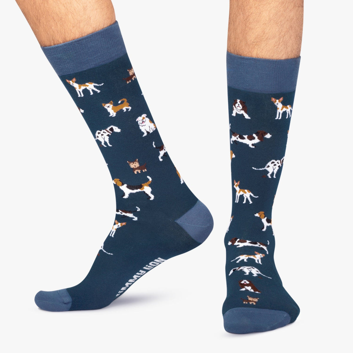Dog Print Crew Socks in Dark Blue, Unisex Mid-Calf Casual Style Featuring Popular Breeds in Two Sizes source image 2