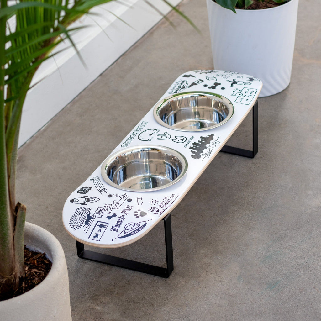 Elevated Double Dog Bowl Stand, Medium Skateboard-Deck Feeder with Two 4-Cup Stainless Steel Bowls source image 2