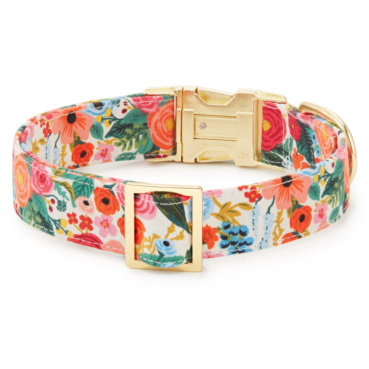 Garden Party Floral Cotton Dog Collar, Reinforced Webbing and Brass D-Ring in Four Adjustable Neck Sizes source image 2