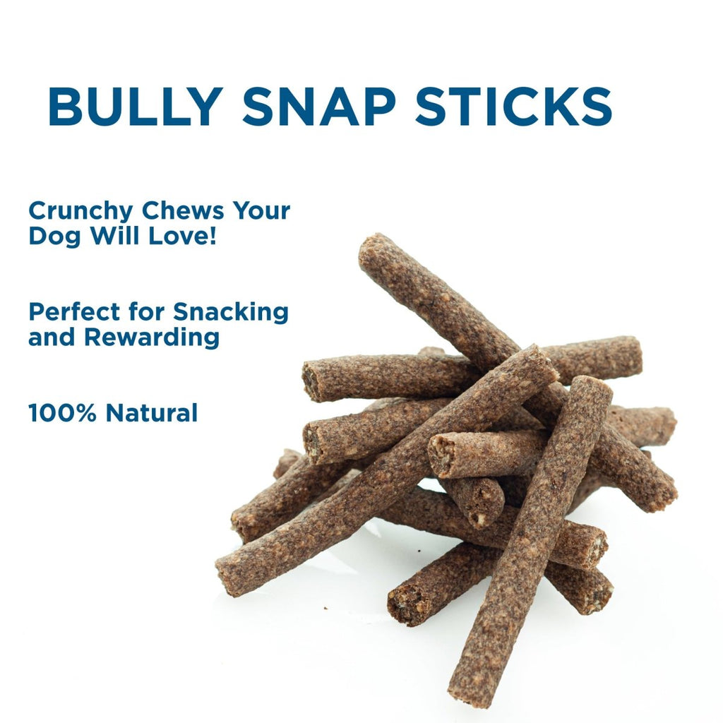 A pile of brown, stick-shaped dog treats labeled "Bully Snack Sticks Medium" by Best Bully Sticks—a crunchy dog chew and bully stick alternative made with 100% natural ingredients, perfect for snacking.