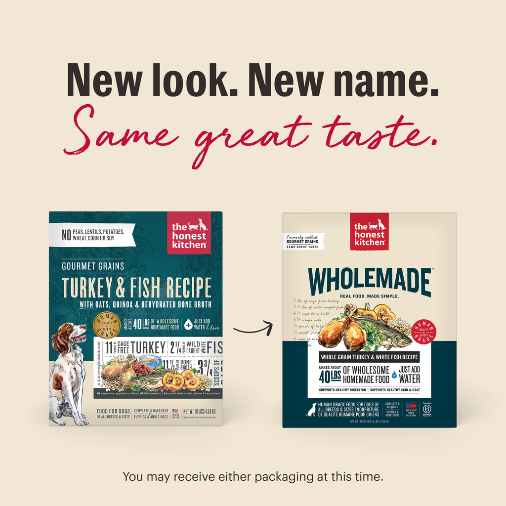 New Look. New Same. Same Great Taste. As we switch our packaging, you may receive either option at this time. | Wholemade Whole Grain Turkey &amp; White Fish Dehydrated Dog Food from The Honest Kitchen