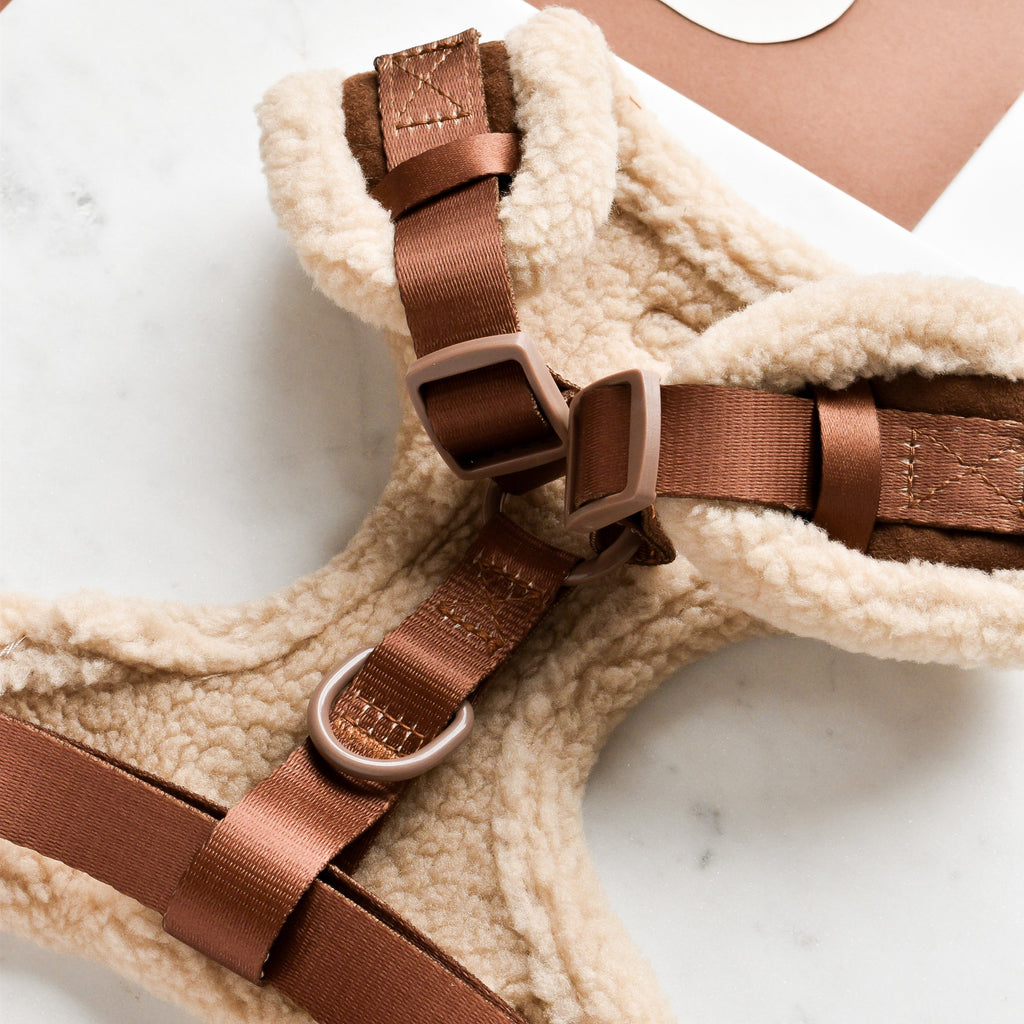 Adjustable Neck Dog Harness, Brown Faux Suede Walking Vest with Soft Fluffy Trim in XXS to Large Sizes source image 3
