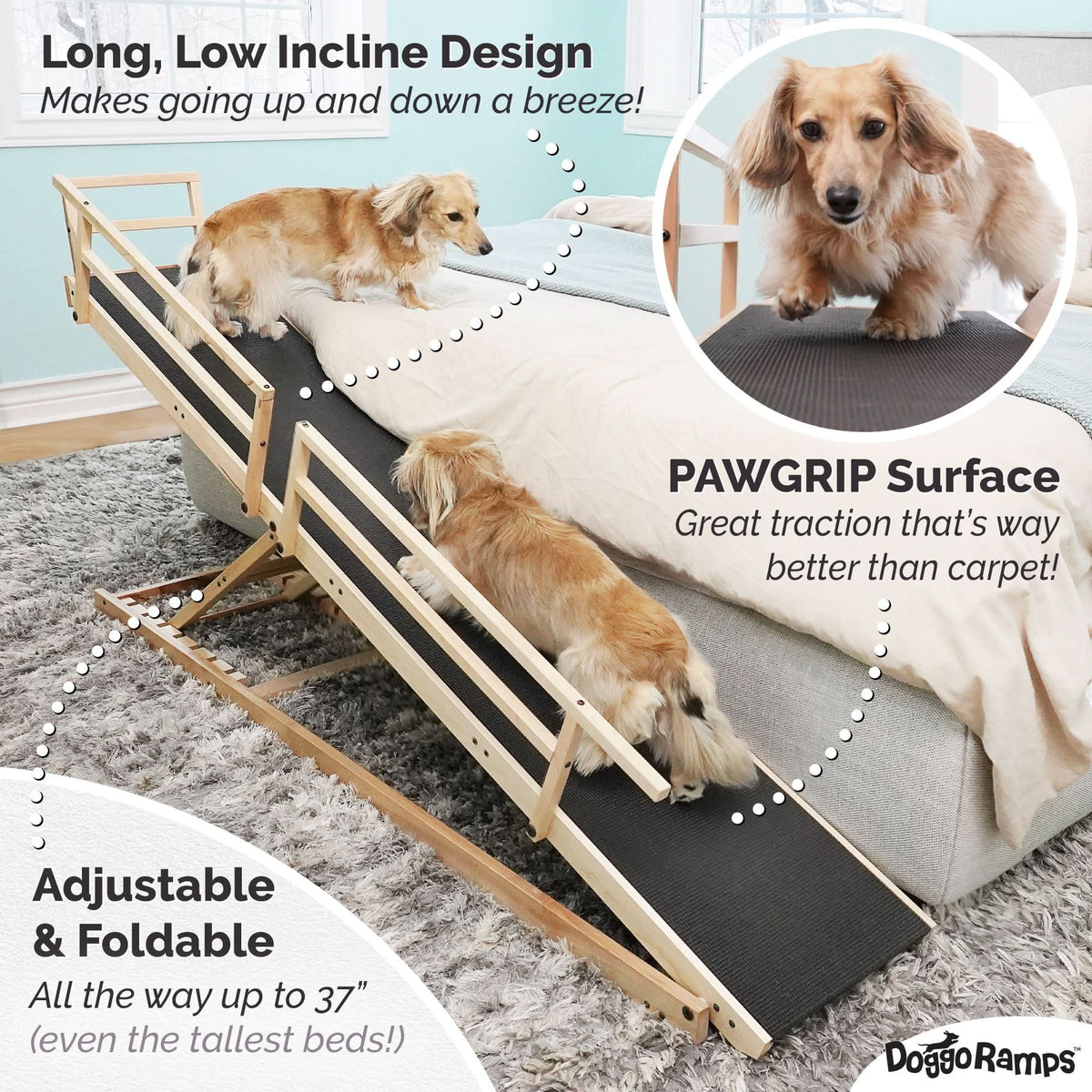 Adjustable Solid Maple Dog Ramp for Beds from 12 to 37 Inches High with Side Rails and Non-Slip Traction product image 3