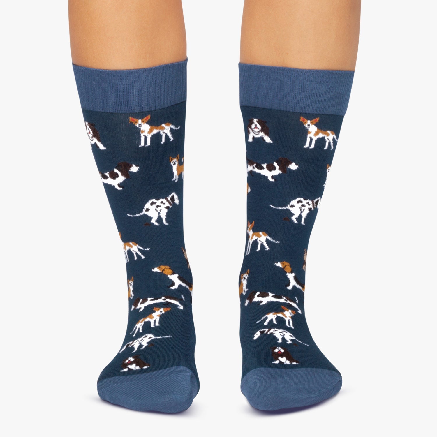 Dog Print Crew Socks in Dark Blue, Unisex Mid-Calf Casual Style Featuring Popular Breeds in Two Sizes source image 3