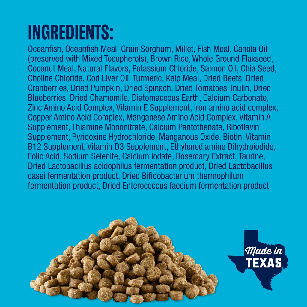 Ingredients for Muenster Ancient Grains Ocean Fish Recipe dog food with kibble shown below, made in texas logo