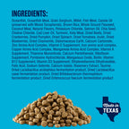Ingredients for Muenster Ancient Grains Ocean Fish Recipe dog food with kibble shown below, made in texas logo