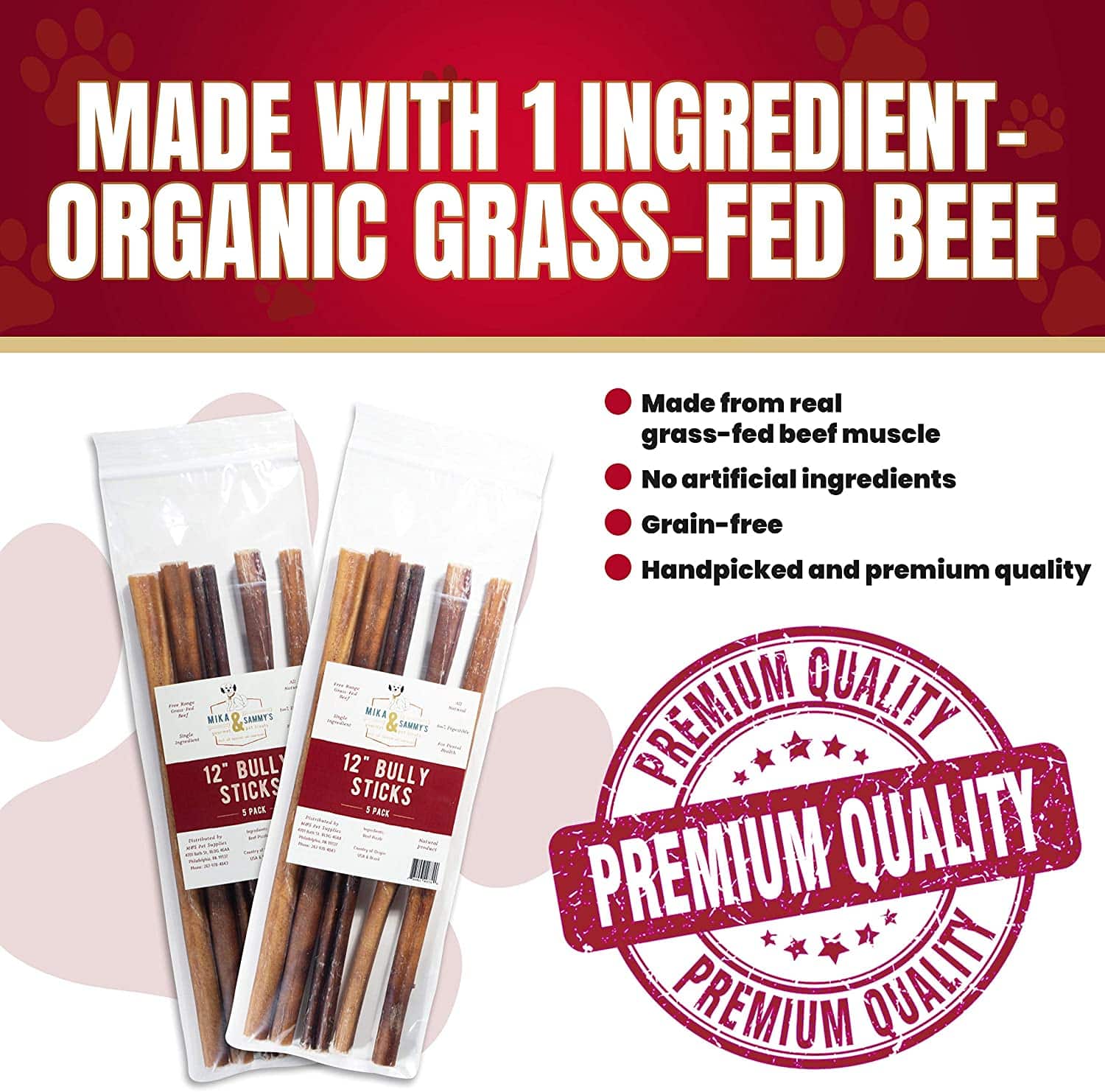 Jumbo Beef Bully Sticks for Dogs, Grass-Fed Single-Ingredient Chews in 6 or 12 Inch Lengths and 5–20 Packs source image 3