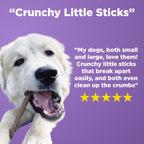 A large white dog chews on a stick, while a customer gives Best Bully Sticks' Bully Snack Sticks Medium a five-star review, calling them the best crunchy chews—all against a bold purple background.
