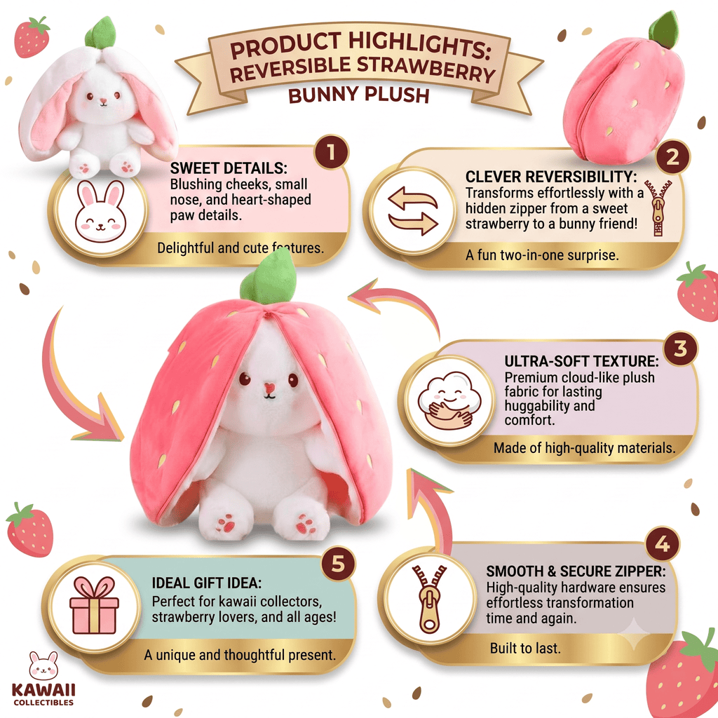 Reversible Bunny Plush Toy Transforming into Strawberry or Carrot Designs in Three Soft Sizes source image 2