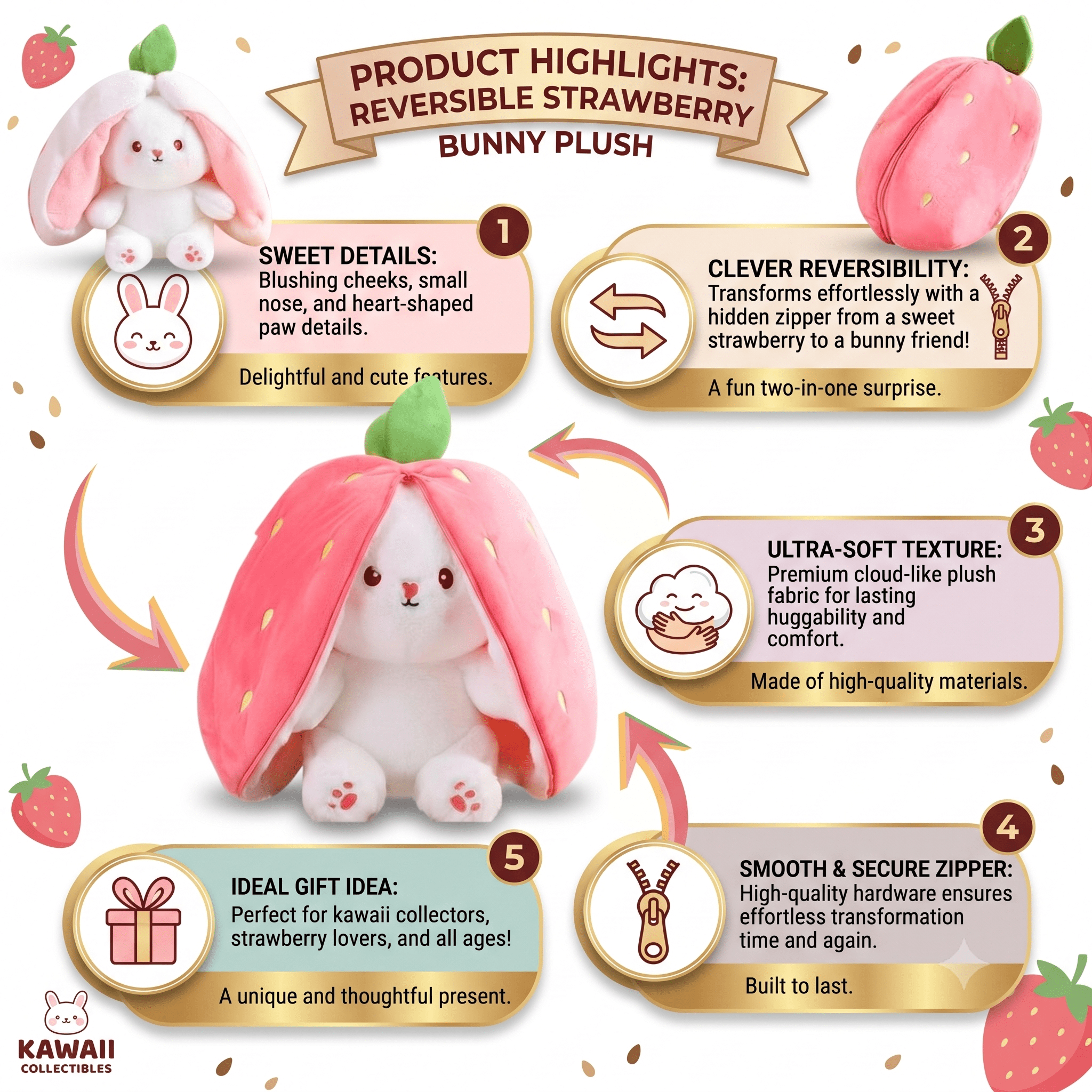 Reversible Bunny Plush Toy Transforming into Strawberry or Carrot Designs in Three Soft Sizes source image 2