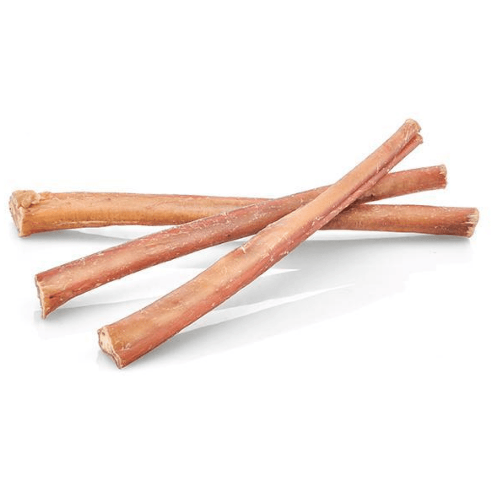 Three Best Bully Sticks 12-Inch Jumbo Bully Sticks, perfect for power chewers, are crossed on a white surface—ideal treats to support your dog’s dental health.