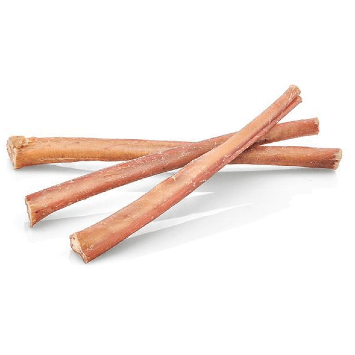 Three Best Bully Sticks 12-Inch Jumbo Bully Sticks, perfect for power chewers, are crossed on a white surface—ideal treats to support your dog’s dental health.